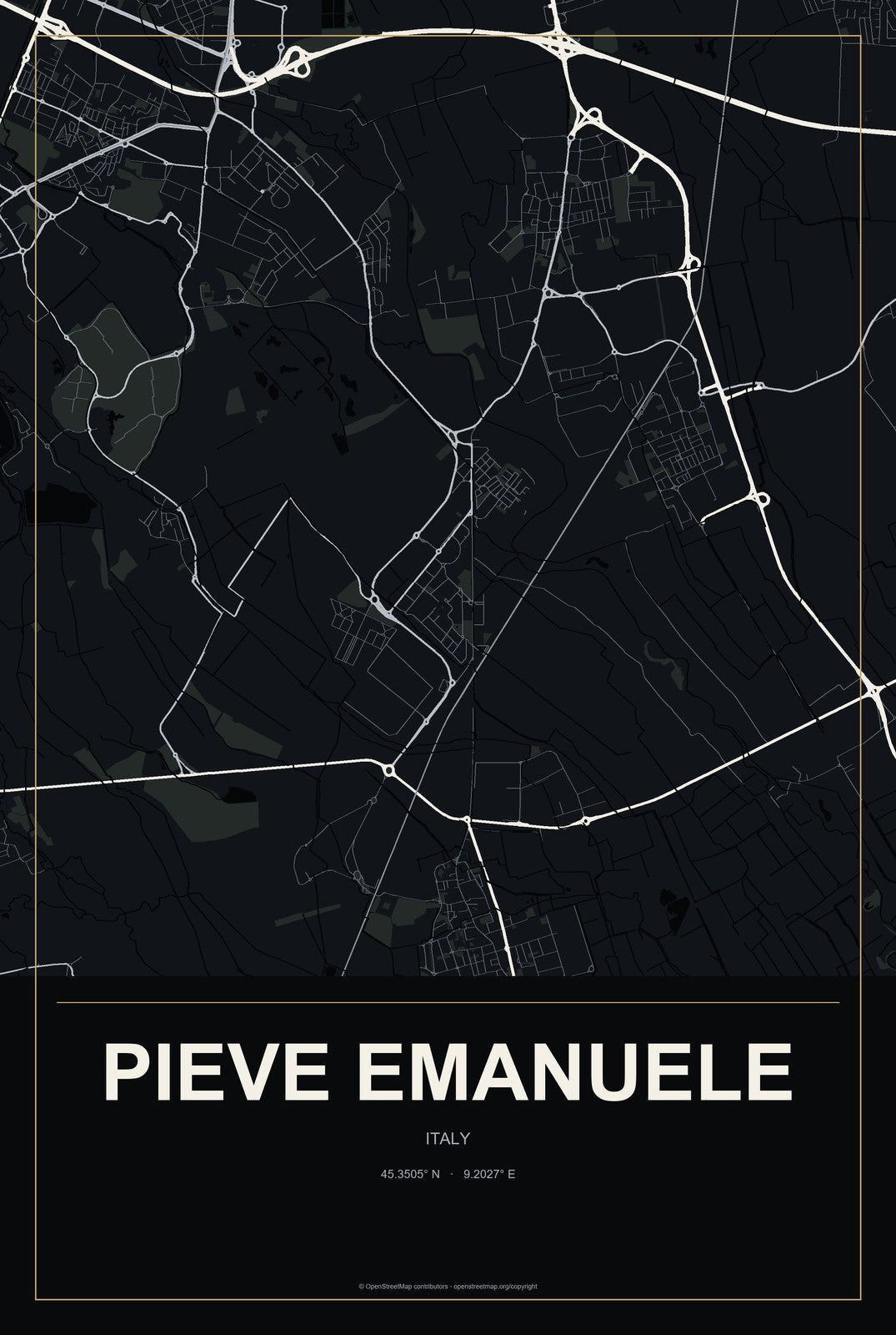 Pieve Emanuele, Italy City Map Aluminum Sign in Metropolitan Noir style