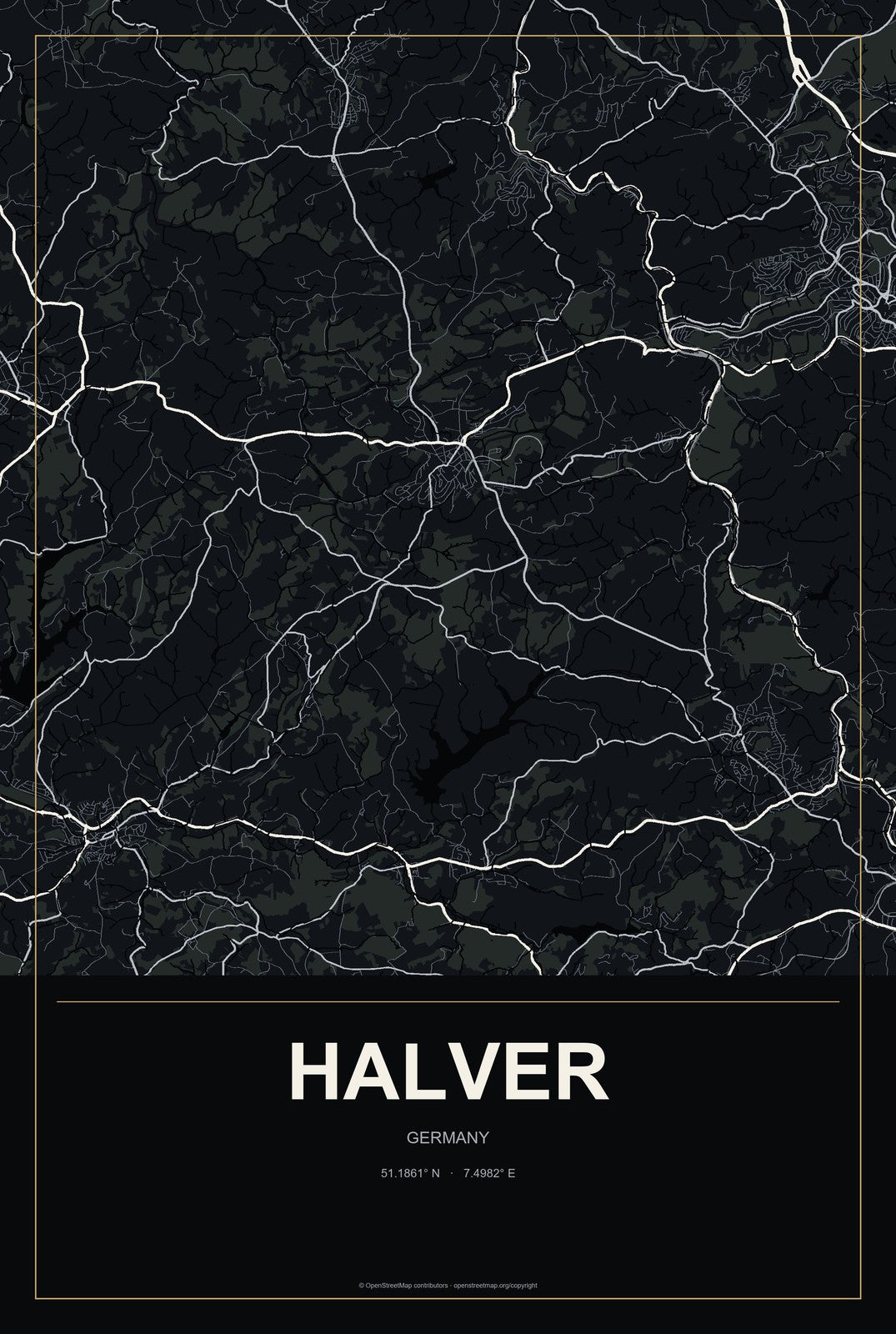Halver, Germany City Map Aluminum Sign in Metropolitan Noir style