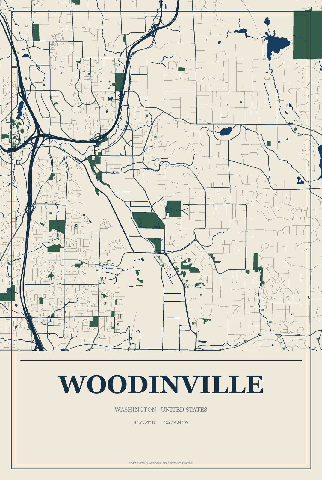 Woodinville, Washington City Map Aluminum Sign in Coastal Cutout style