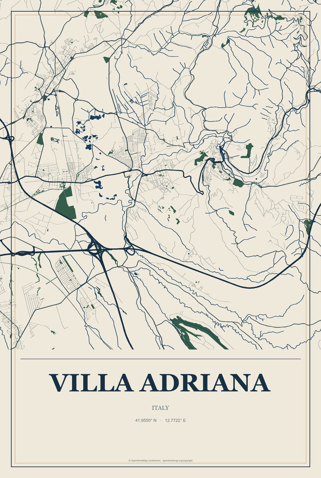 Villa Adriana, Italy City Map Aluminum Sign in Coastal Cutout style