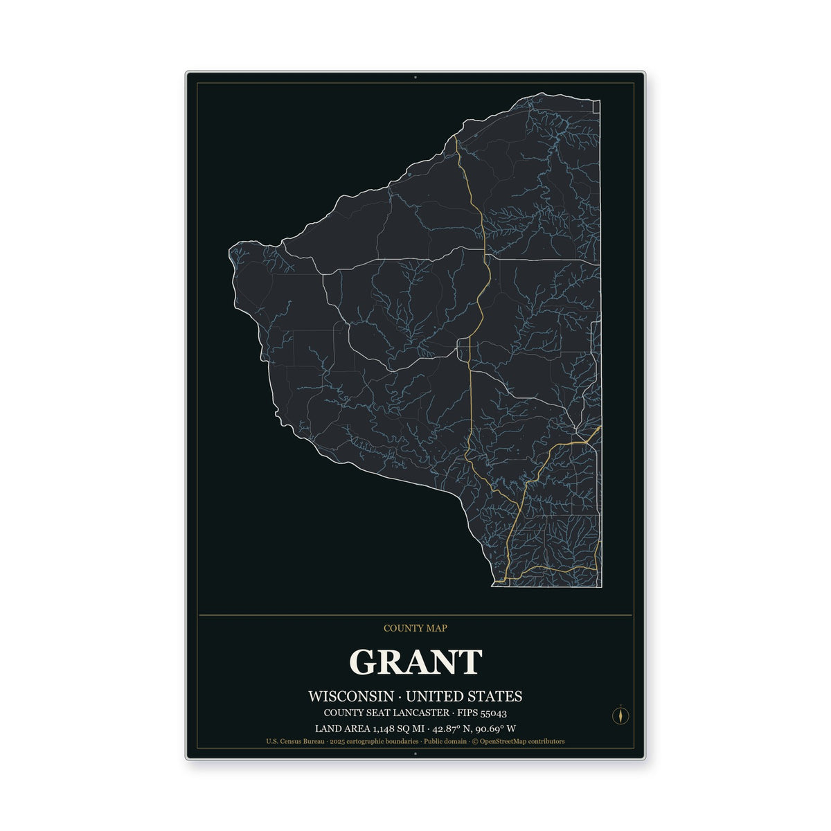 Grant County, Wisconsin Map Aluminum Sign in Metropolitan Noir style