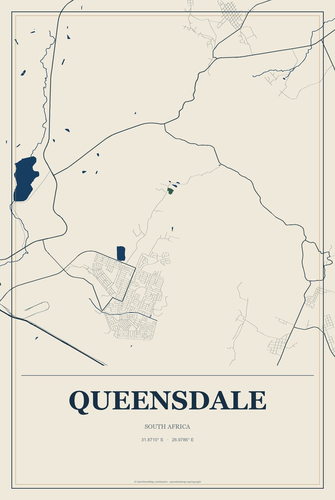 Queensdale, South Africa City Map Aluminum Sign in Coastal Cutout style