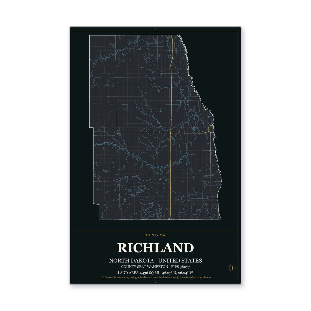 Richland County, North Dakota Map Aluminum Sign in Metropolitan Noir style