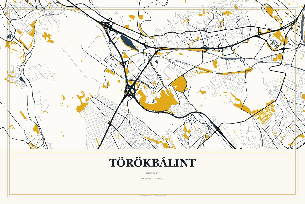 Törökbálint, Hungary City Map Aluminum Sign in Citrine Modern style