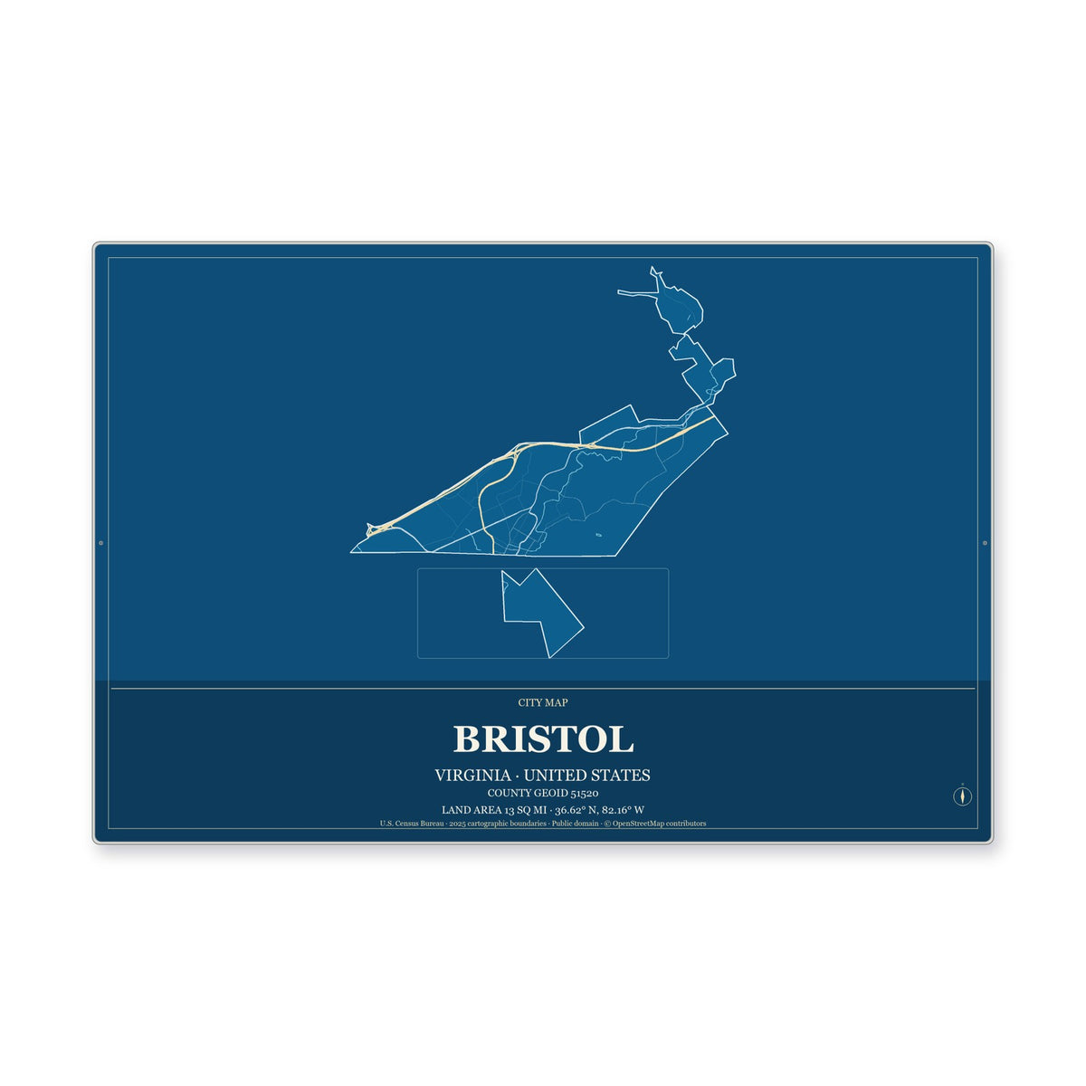 Bristol city, Virginia Map Aluminum Sign in Harbor Cobalt style