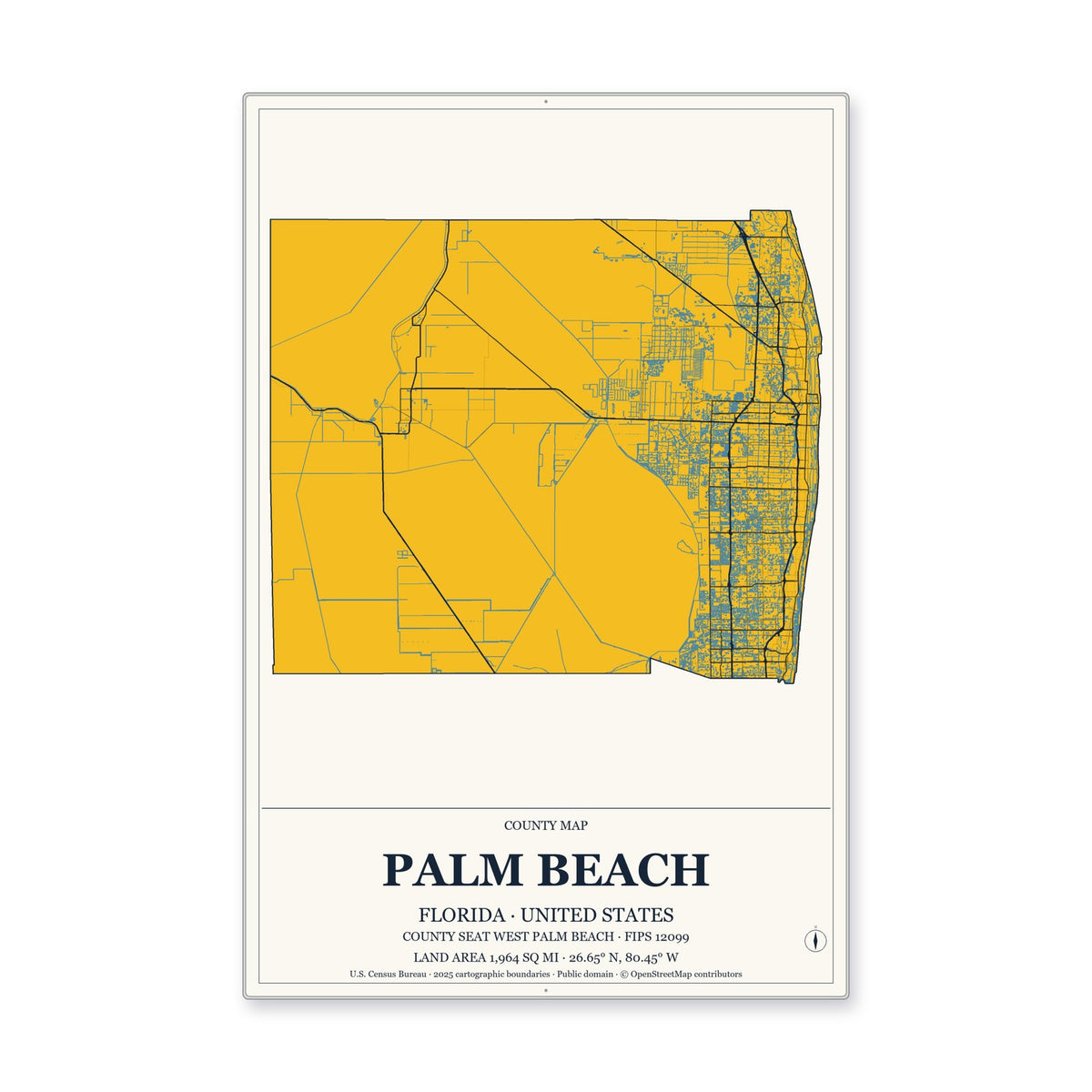Palm Beach County, Florida Map Aluminum Sign in Citrine Modern style