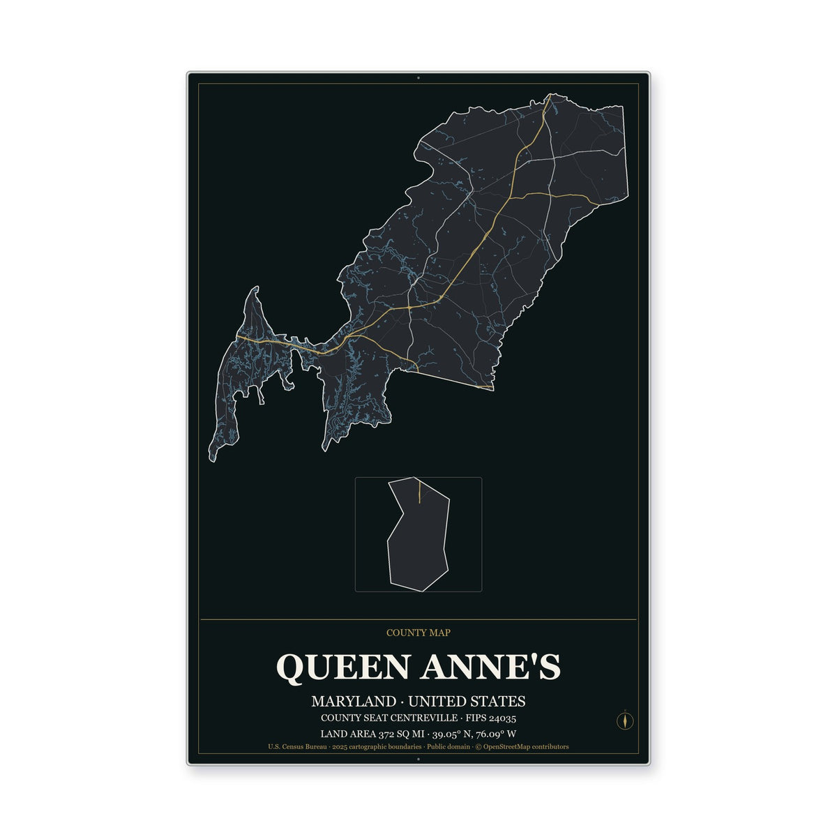 Queen Anne's County, Maryland Map Aluminum Sign in Metropolitan Noir style