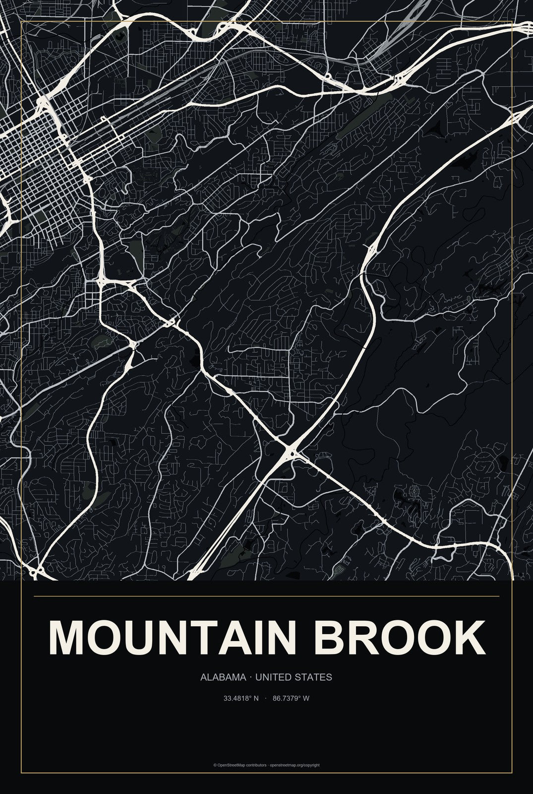 Mountain Brook, Alabama City Map Aluminum Sign in Metropolitan Noir style