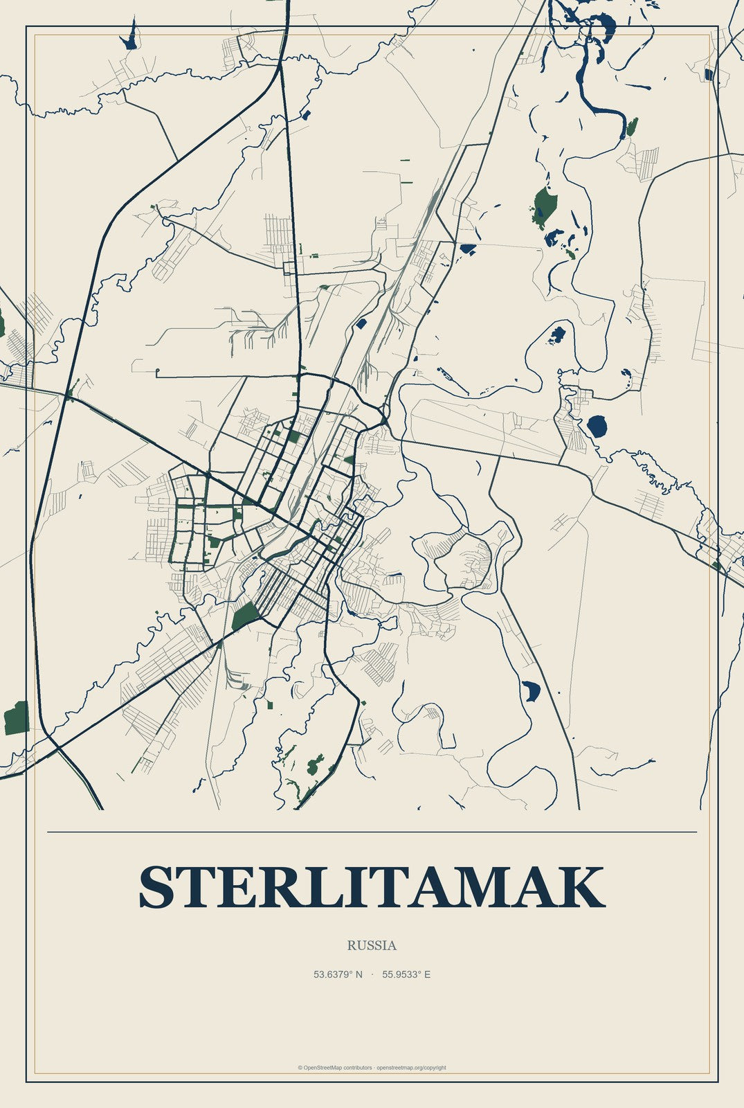 Sterlitamak, Russia City Map Aluminum Sign in Coastal Cutout style