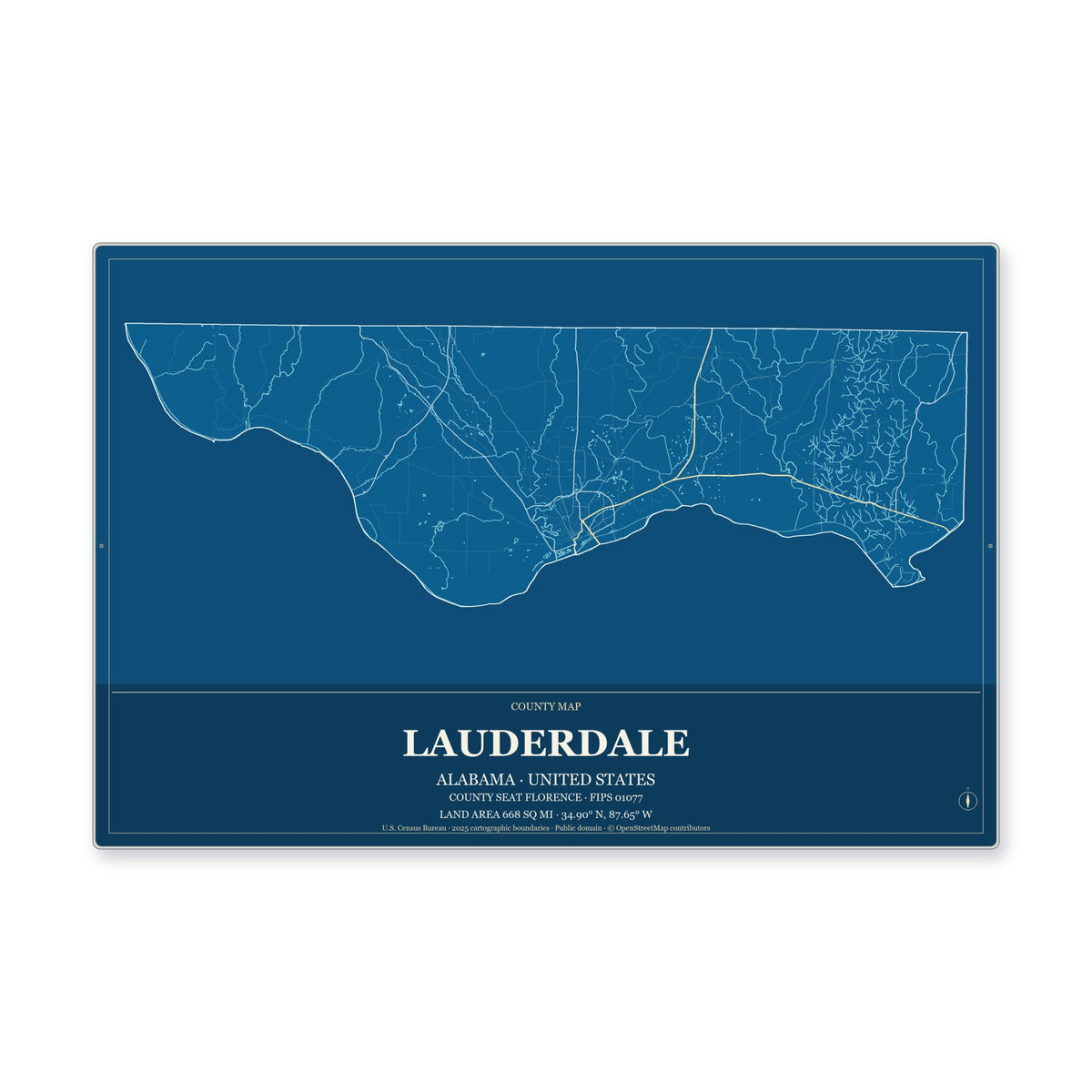 Lauderdale County, Alabama Map Aluminum Sign in Harbor Cobalt style