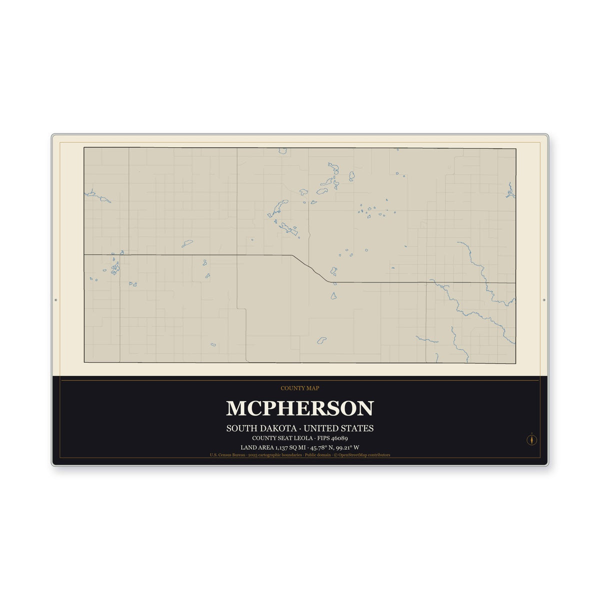 McPherson County, South Dakota Map Aluminum Sign in Museum Plaque style