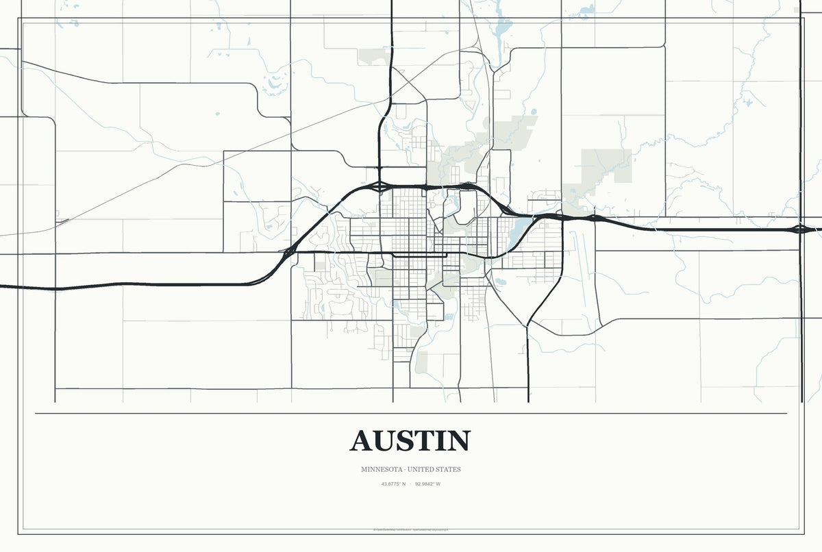 Austin, Minnesota City Map Aluminum Sign in Gallery Air style