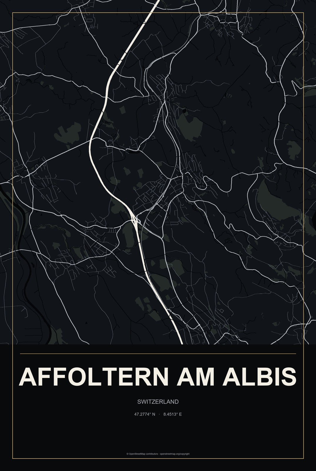 Affoltern am Albis, Switzerland City Map Aluminum Sign in Metropolitan Noir style
