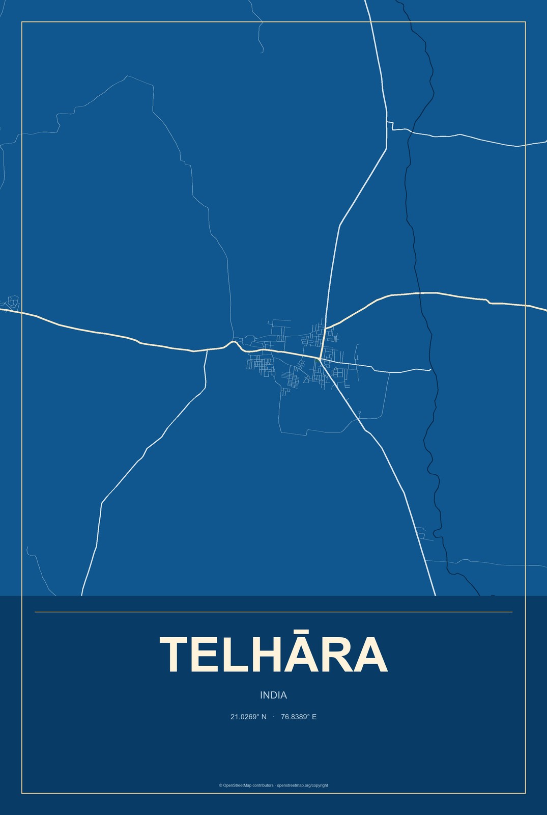 Telhāra, India City Map Aluminum Sign in Harbor Cobalt style