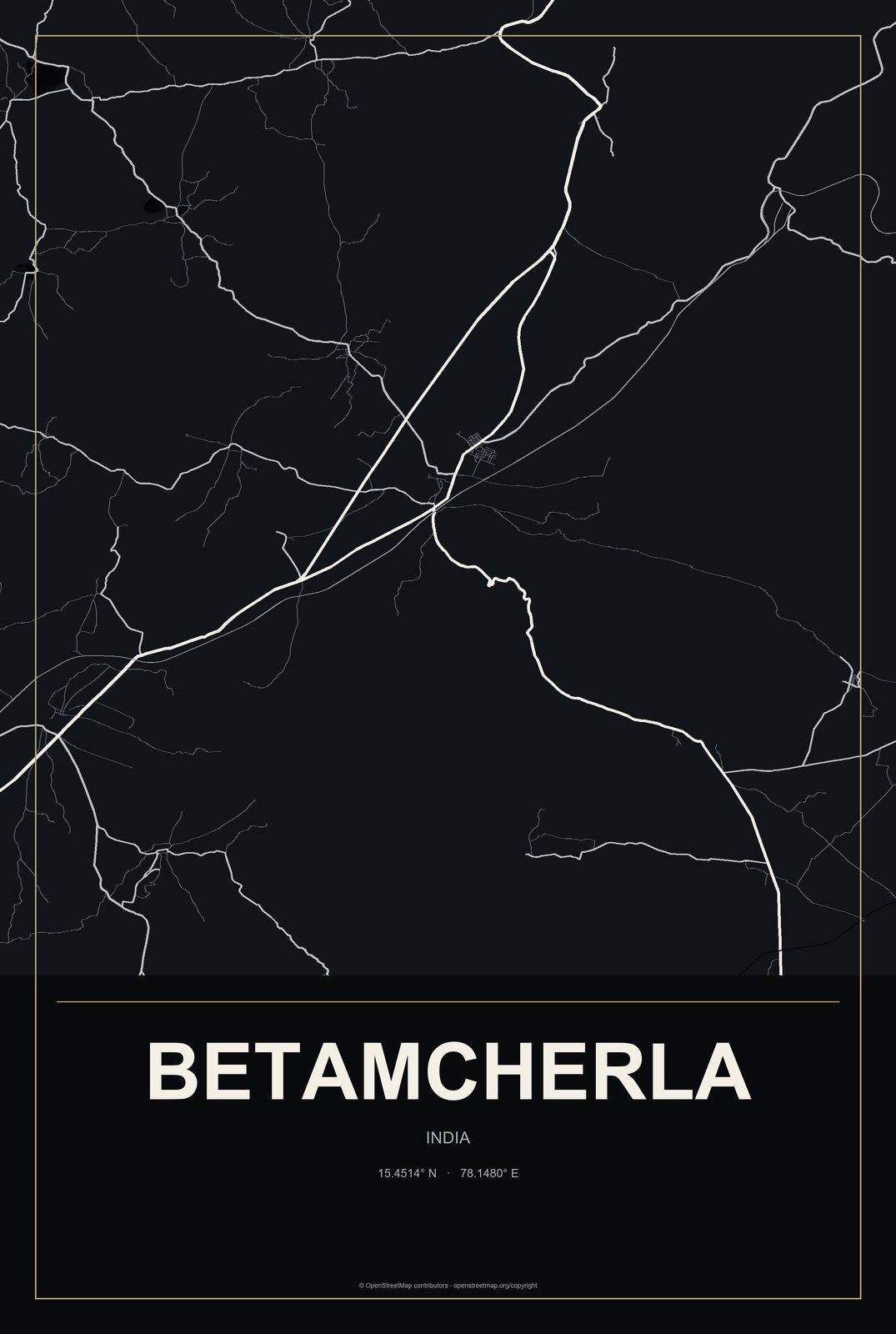 Betamcherla, India City Map Aluminum Sign in Metropolitan Noir style