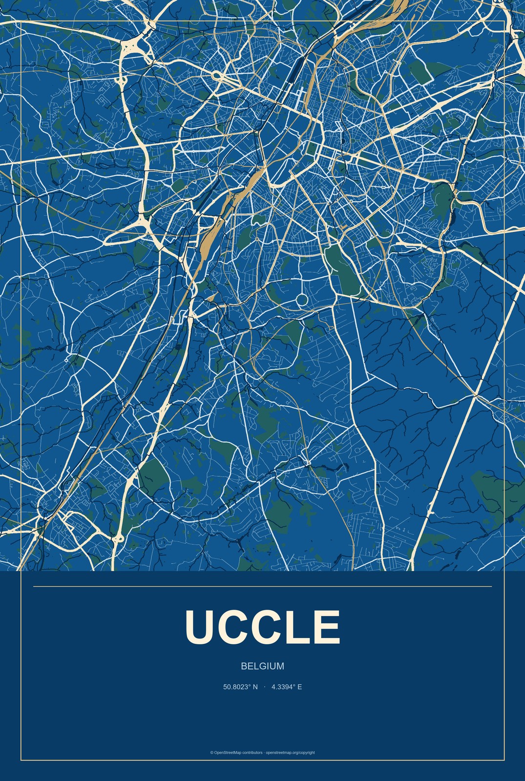 Uccle, Belgium City Map Aluminum Sign in Harbor Cobalt style
