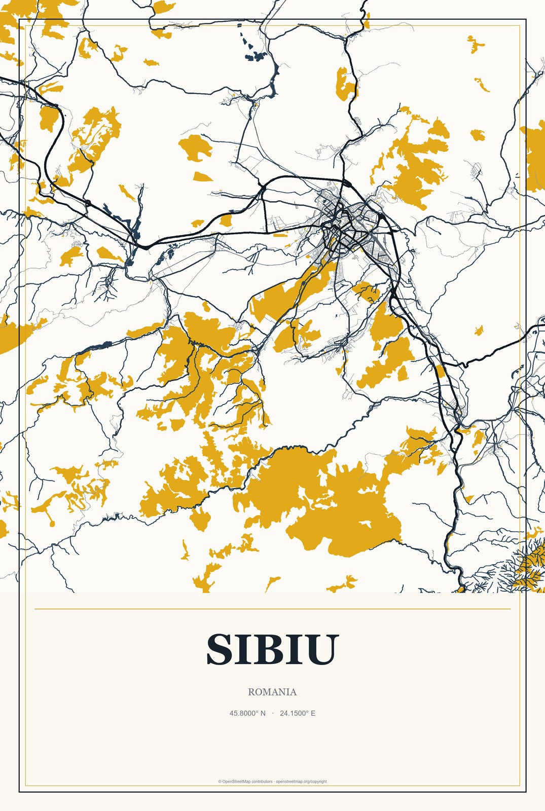 Sibiu, Romania City Map Aluminum Sign in Citrine Modern style