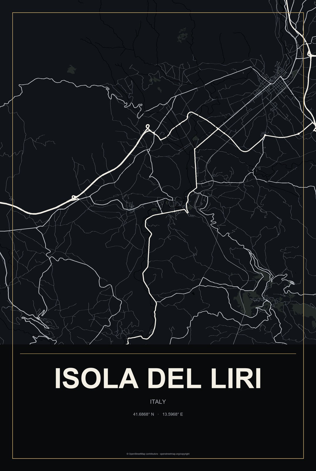 Isola del Liri, Italy City Map Aluminum Sign in Metropolitan Noir style