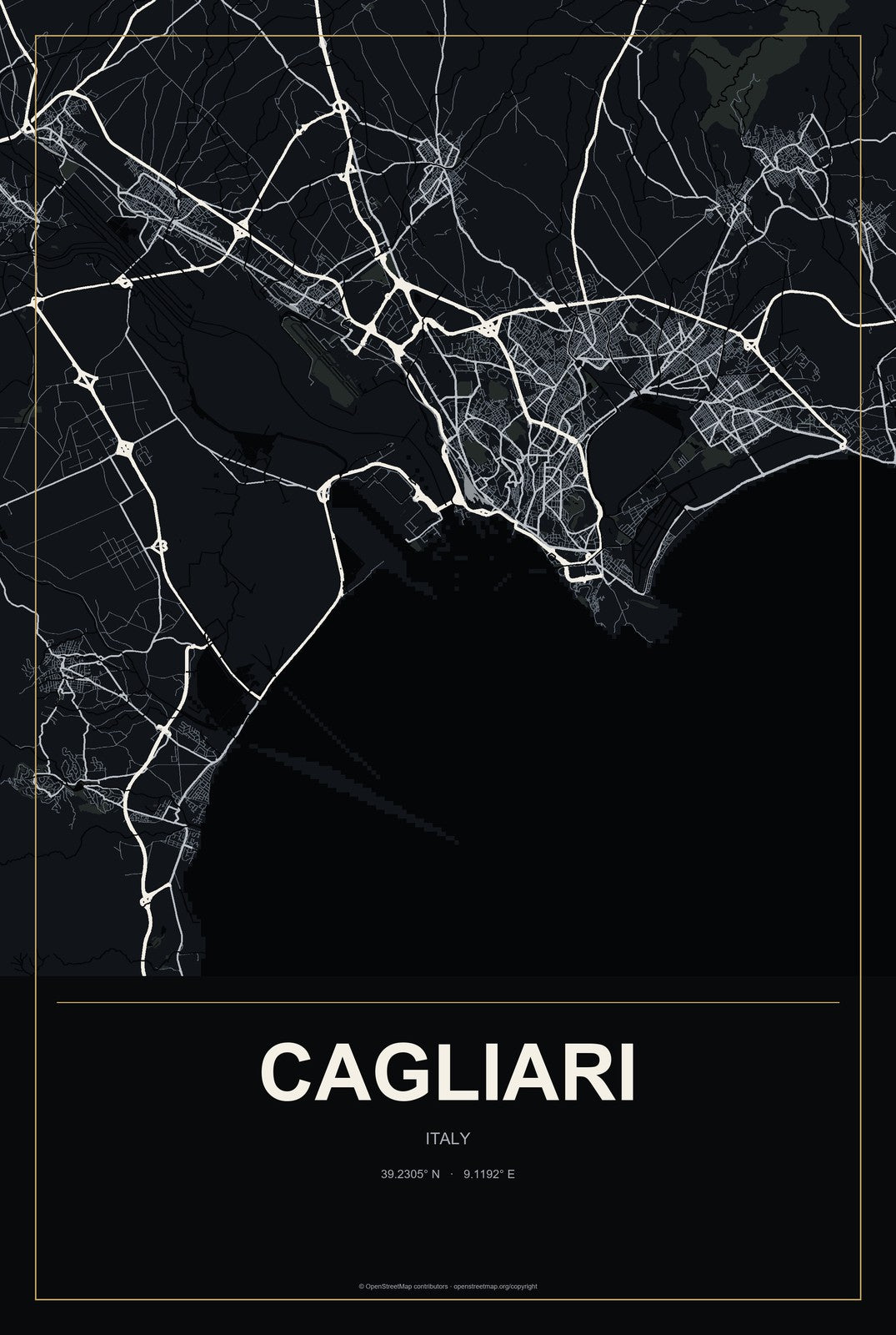 Cagliari, Italy City Map Aluminum Sign in Metropolitan Noir style