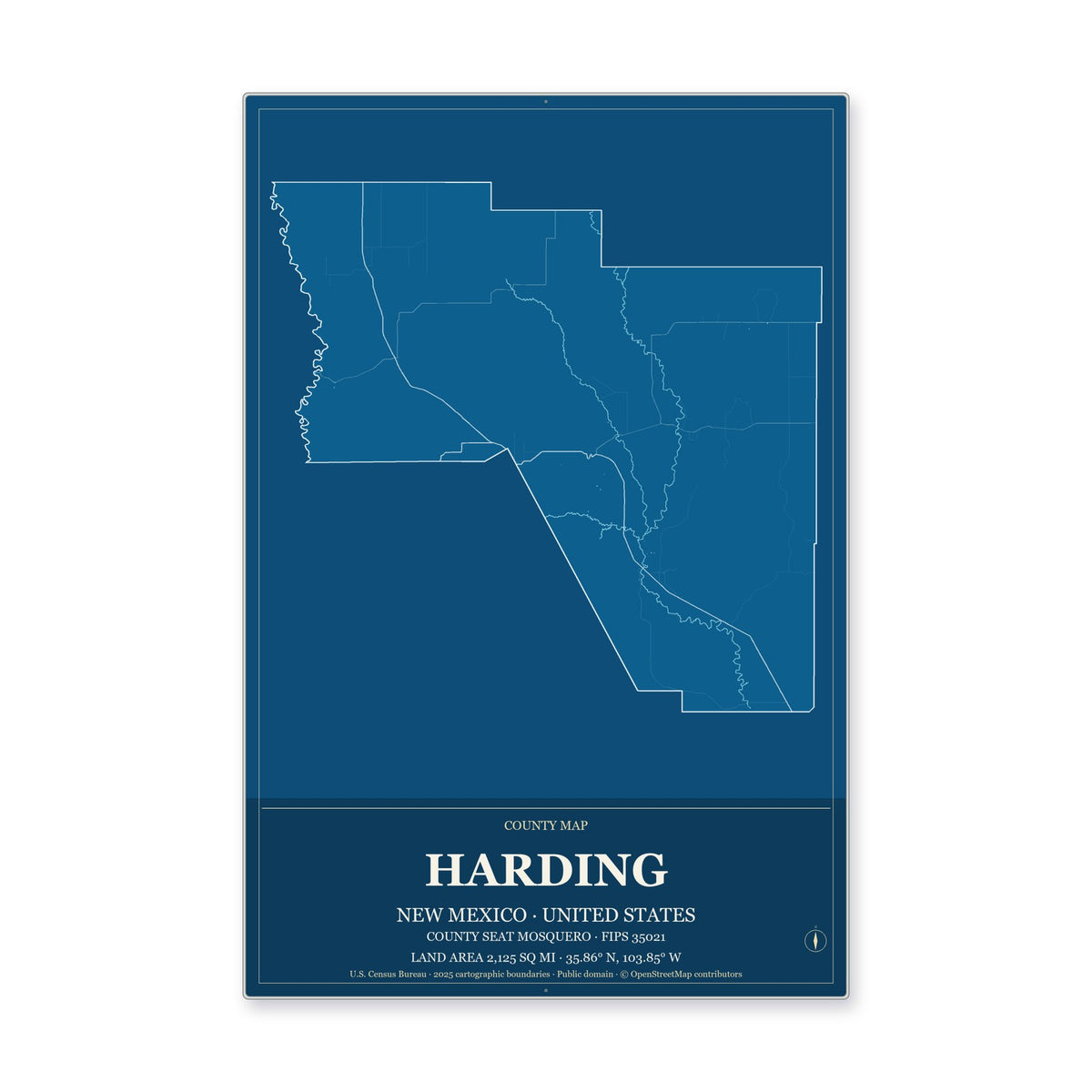 Harding County, New Mexico Map Aluminum Sign in Harbor Cobalt style