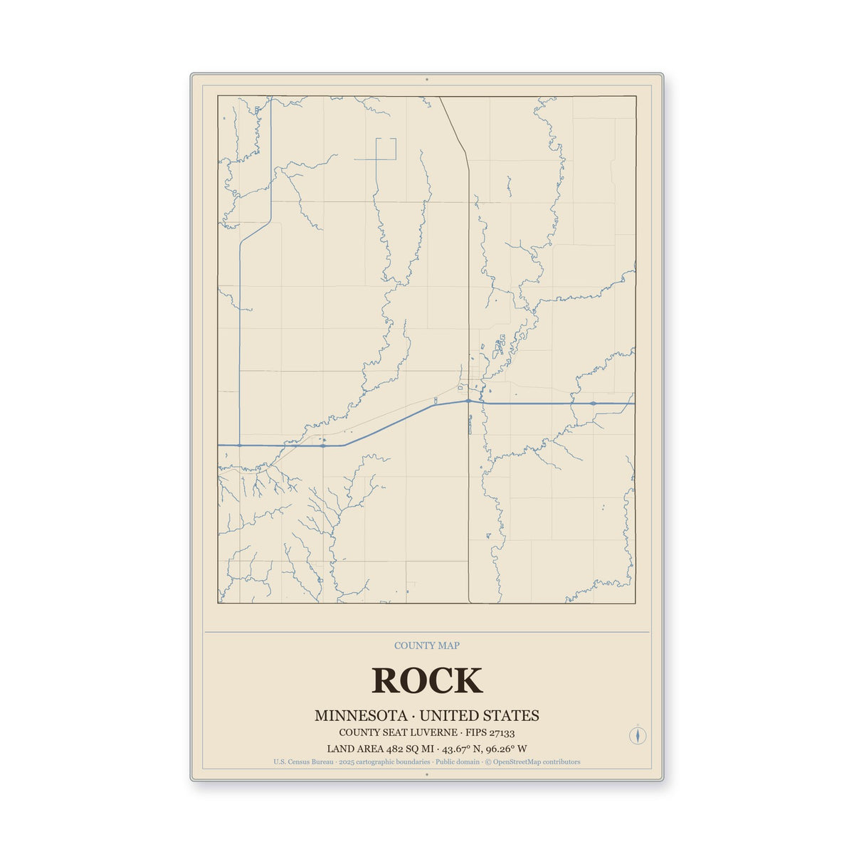 Rock County, Minnesota Map Aluminum Sign in Heritage Nautical style