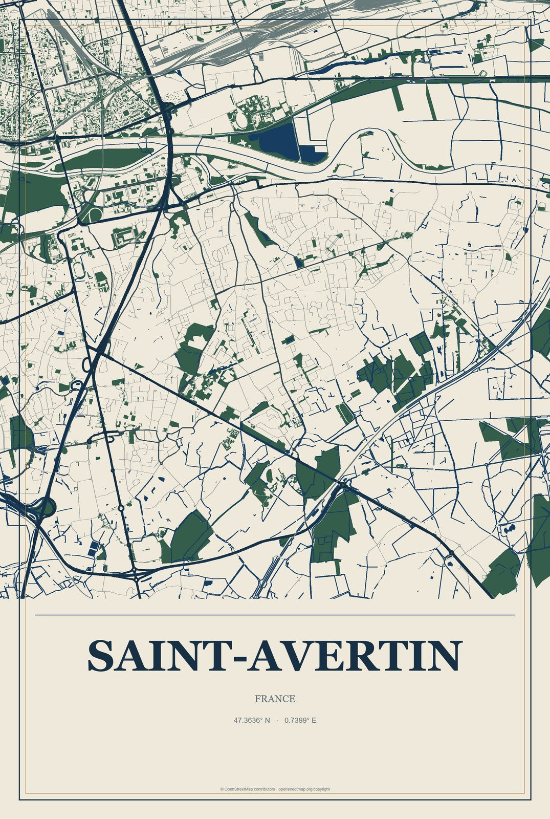 Saint-Avertin, France City Map Aluminum Sign in Coastal Cutout style