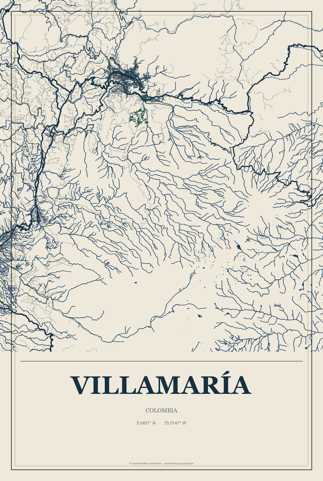 Villamaría, Colombia City Map Aluminum Sign in Coastal Cutout style