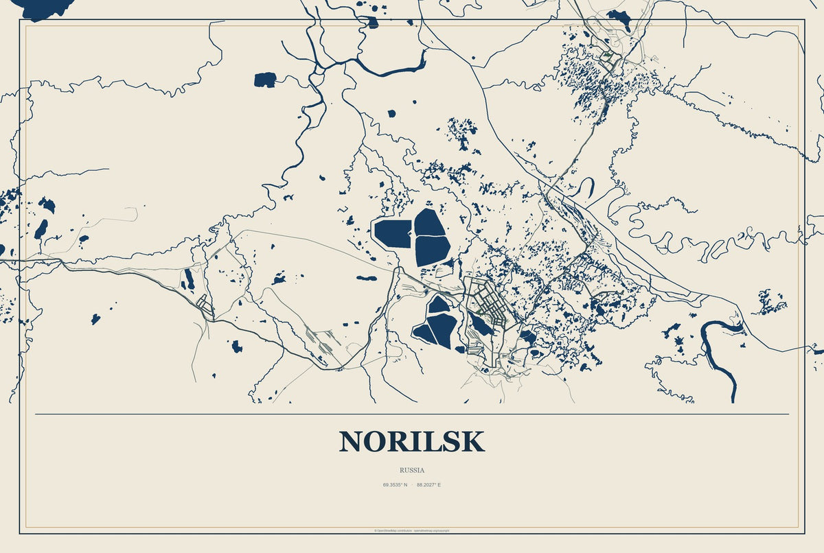 Norilsk, Russia City Map Aluminum Sign in Coastal Cutout style