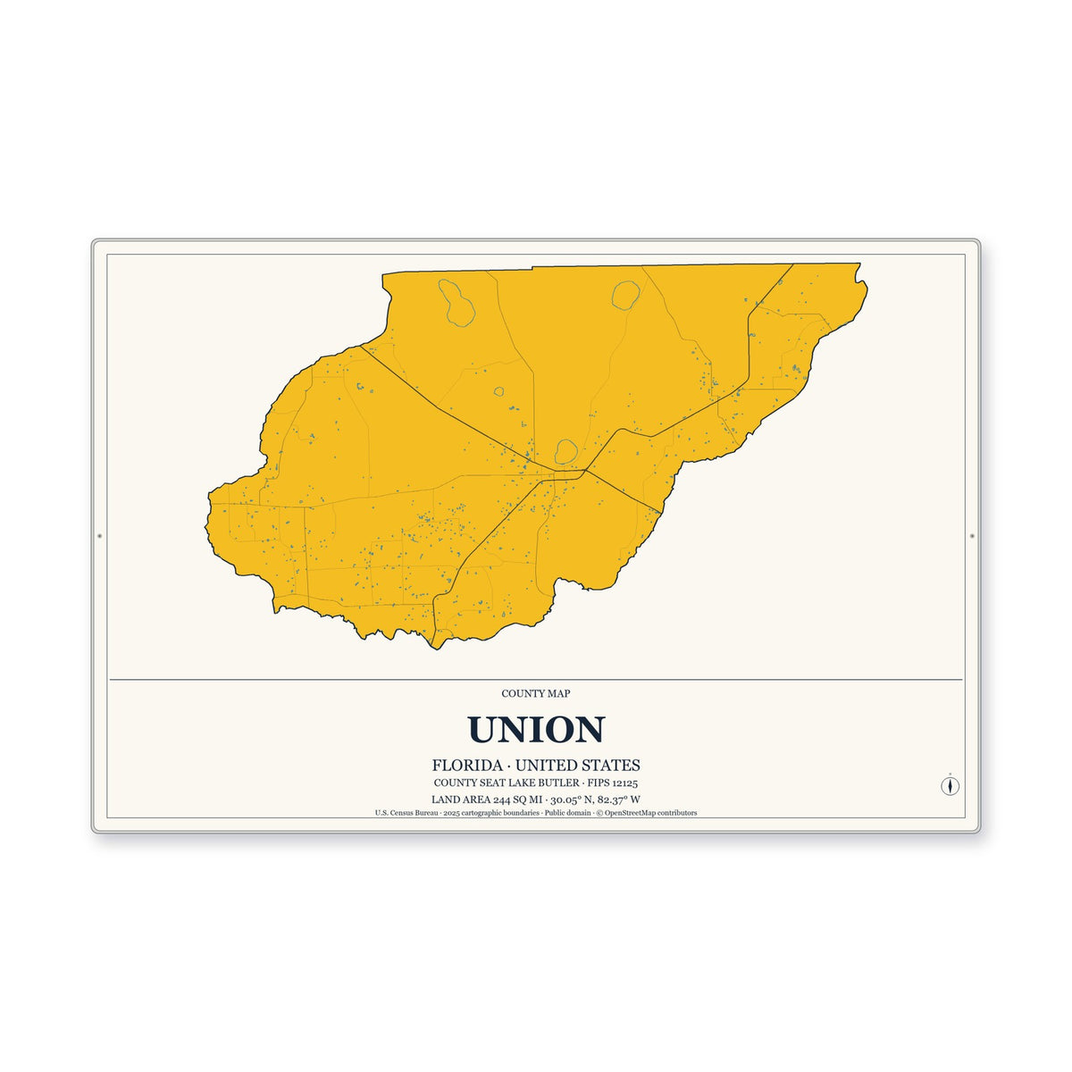 Union County, Florida Map Aluminum Sign in Citrine Modern style
