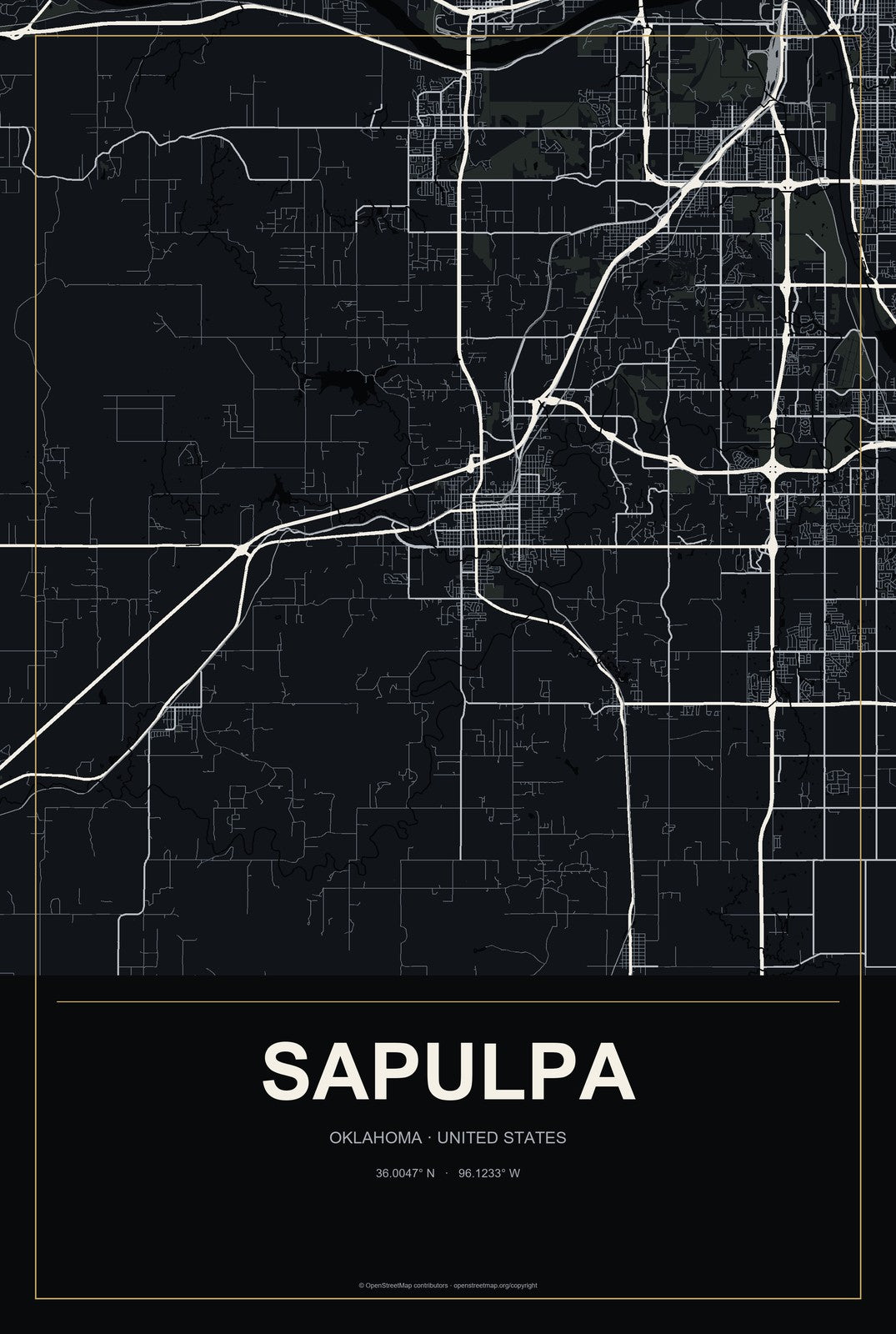 Sapulpa, Oklahoma City Map Aluminum Sign in Metropolitan Noir style