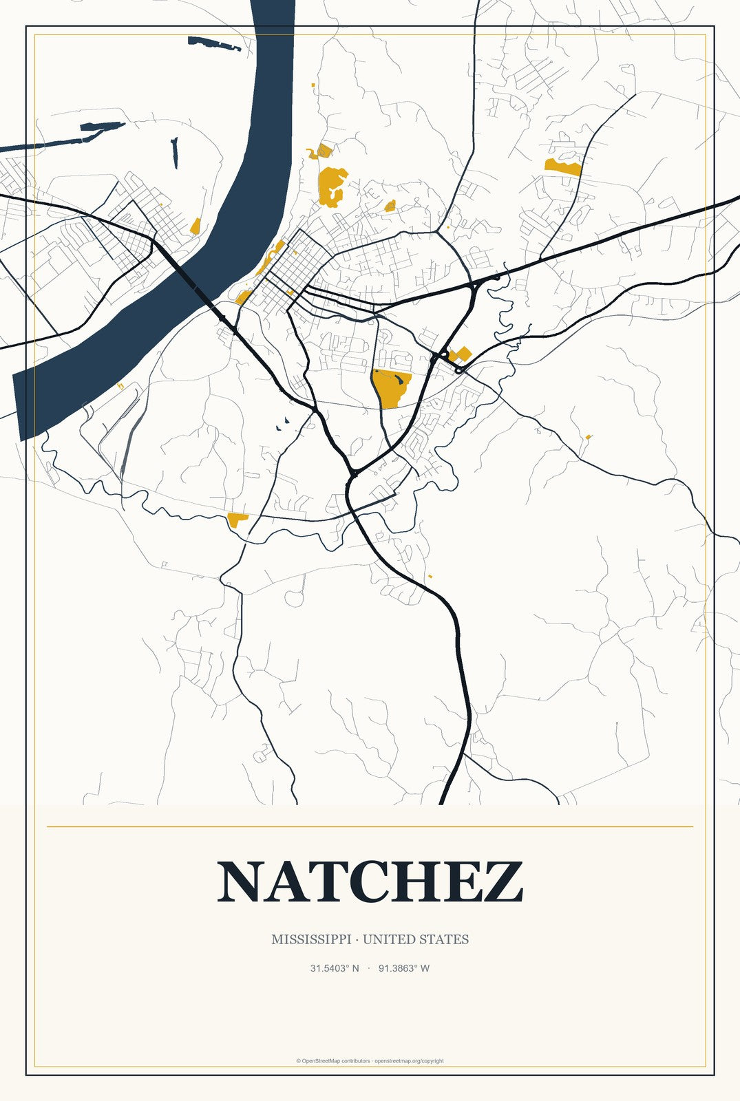 Natchez, Mississippi City Map Aluminum Sign in Citrine Modern style