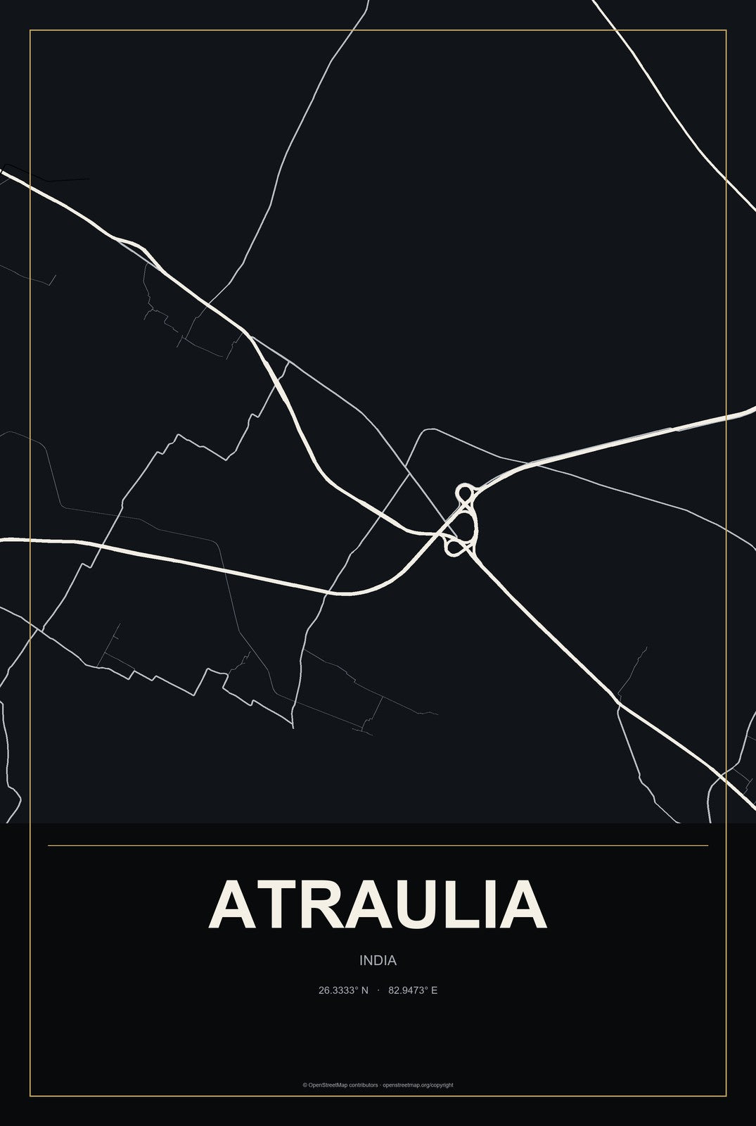 Atraulia, India City Map Aluminum Sign in Metropolitan Noir style