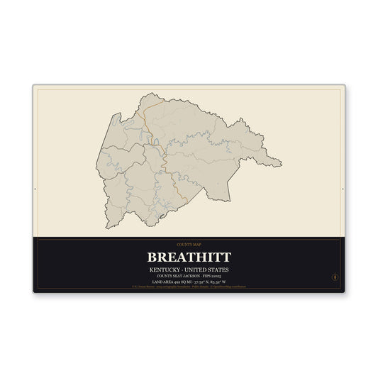 Breathitt County, Kentucky Map Aluminum Sign in Museum Plaque style