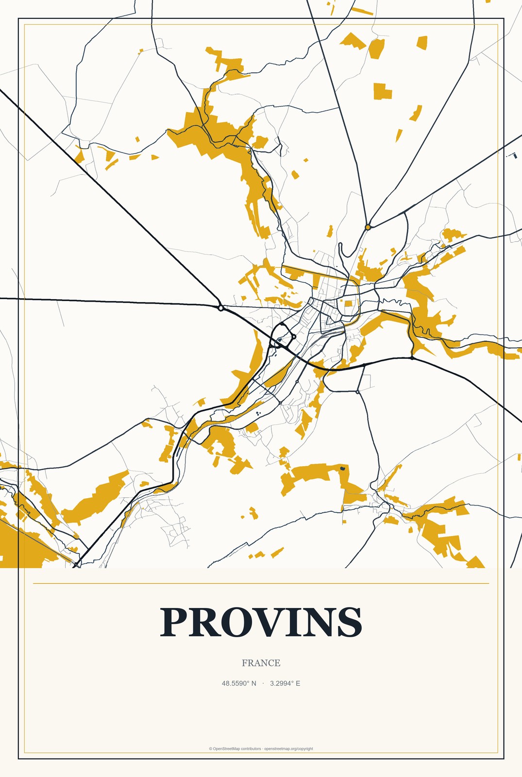 Provins, France City Map Aluminum Sign in Citrine Modern style
