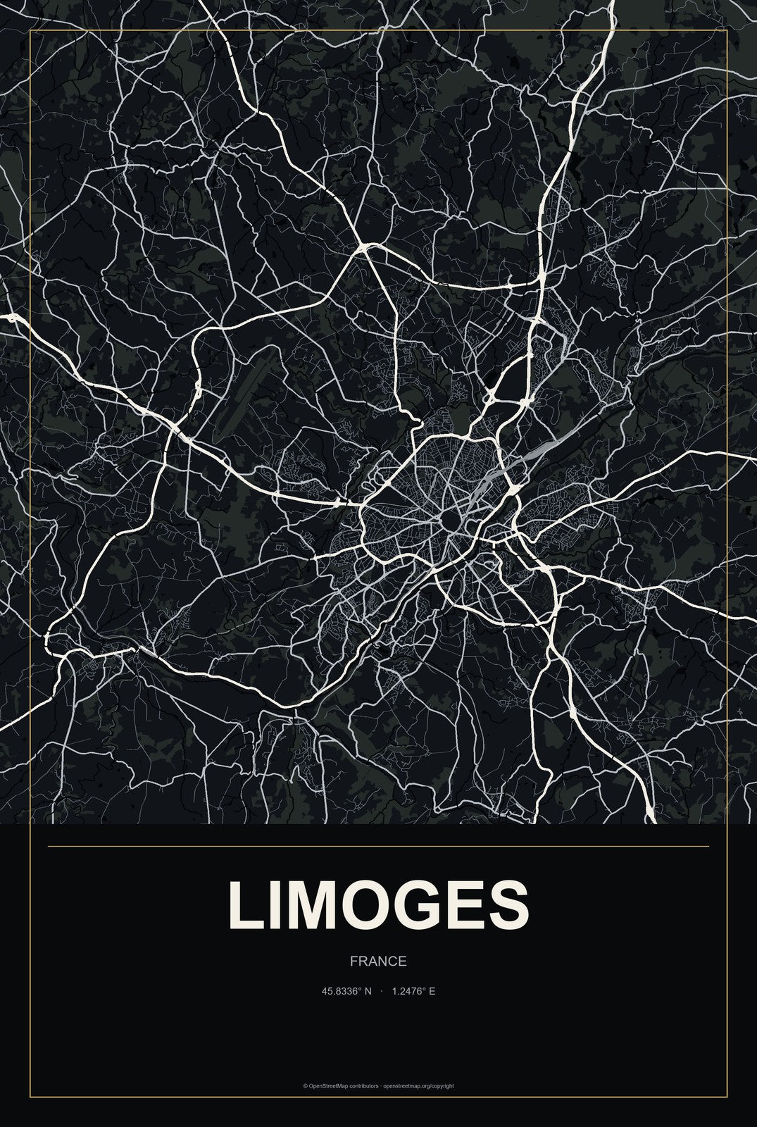 Limoges, France City Map Aluminum Sign in Metropolitan Noir style