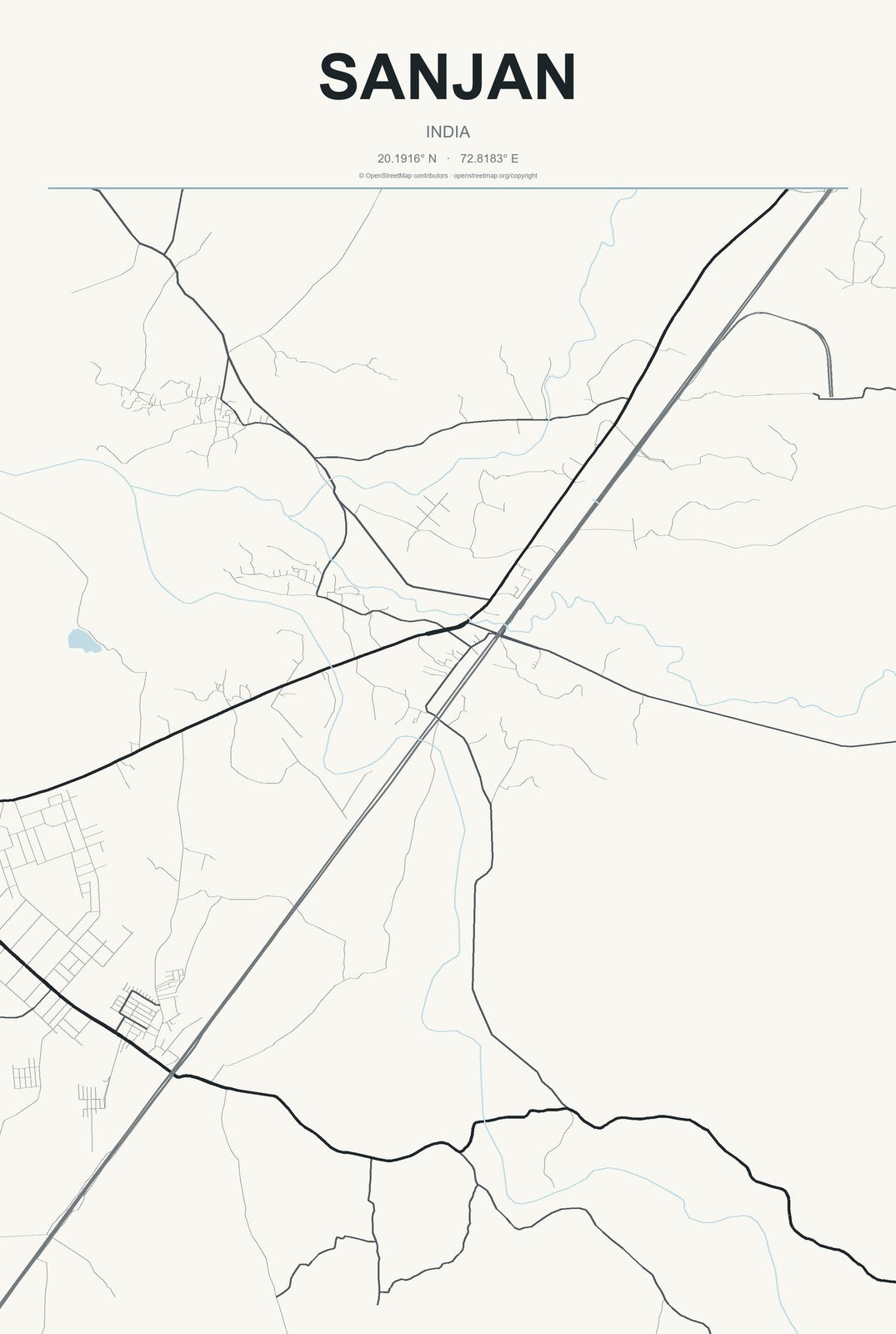 Sanjan, India City Map Aluminum Sign in Headline Atlas style