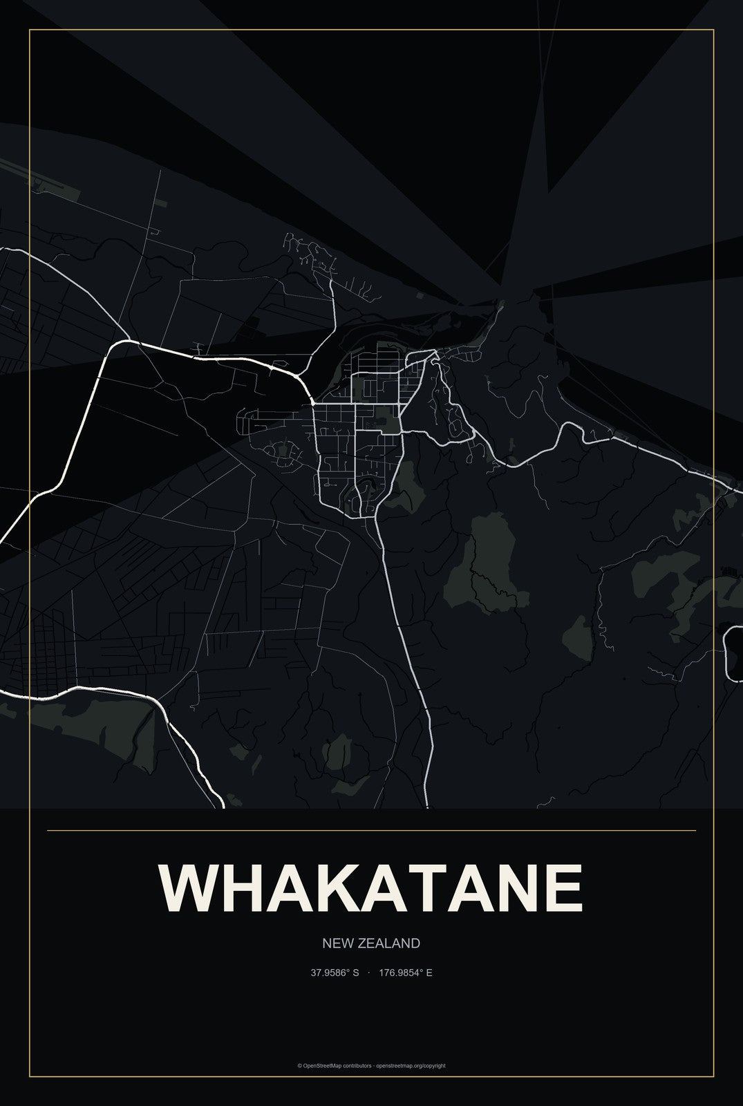 Whakatane, New Zealand City Map Aluminum Sign in Metropolitan Noir style