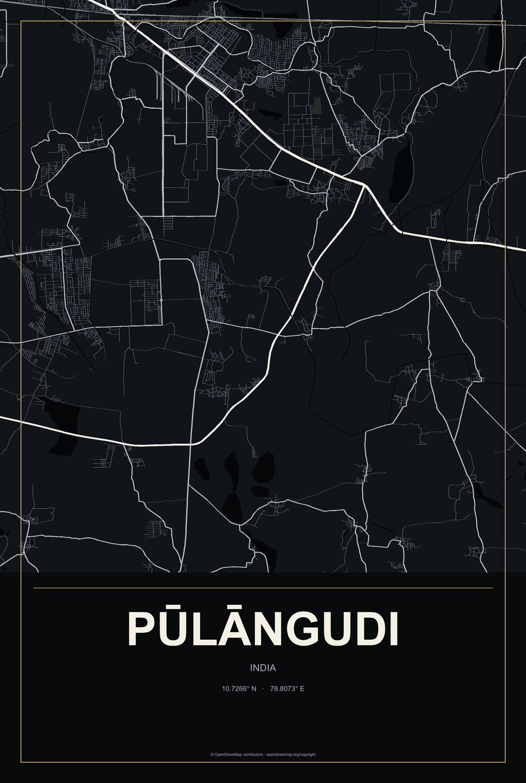 Pūlāngudi, India City Map Aluminum Sign in Metropolitan Noir style