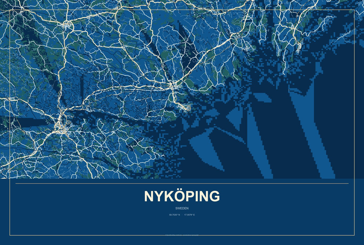 Nyköping, Sweden City Map Aluminum Sign in Harbor Cobalt style