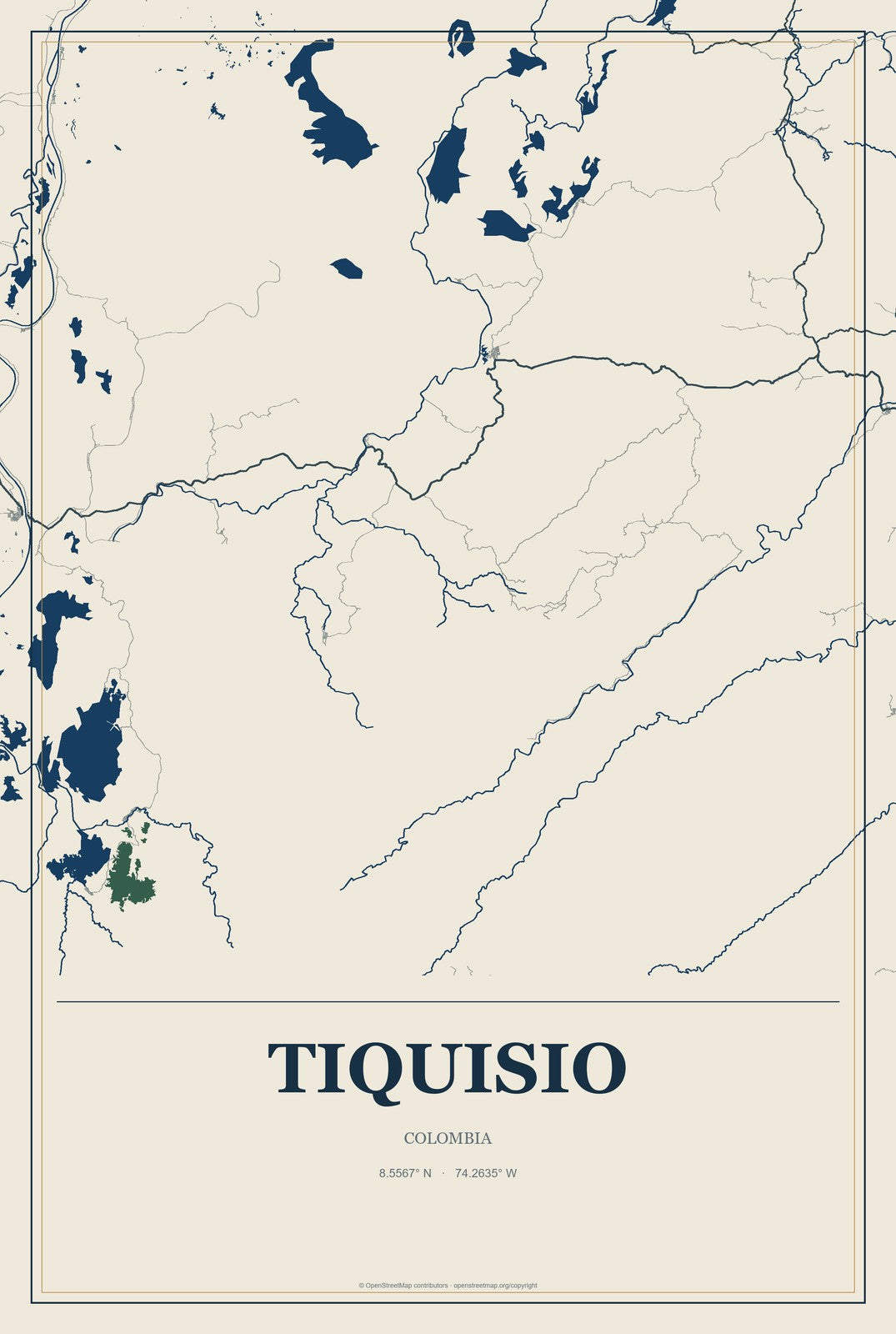 Tiquisio, Colombia City Map Aluminum Sign in Coastal Cutout style