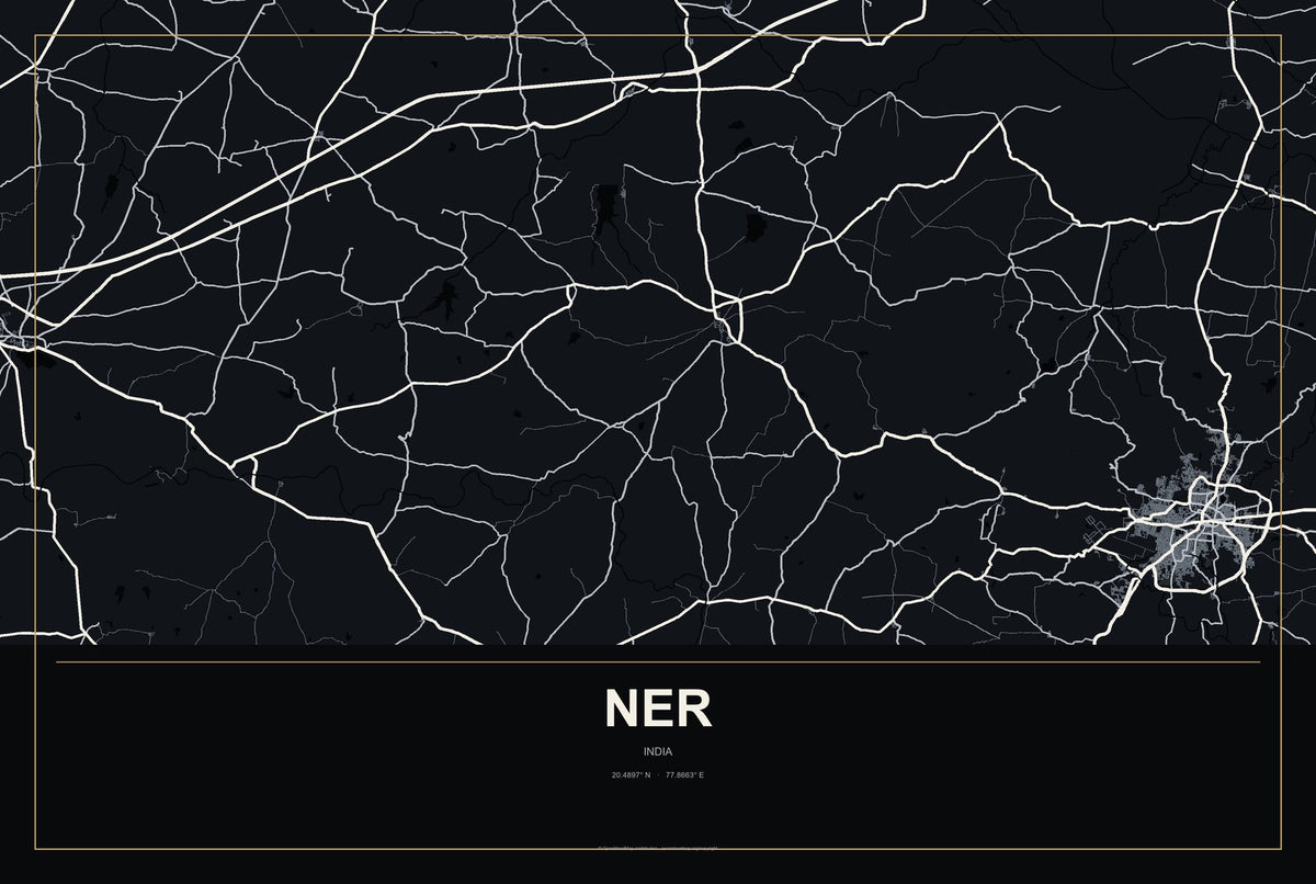 Ner, India City Map Aluminum Sign in Metropolitan Noir style