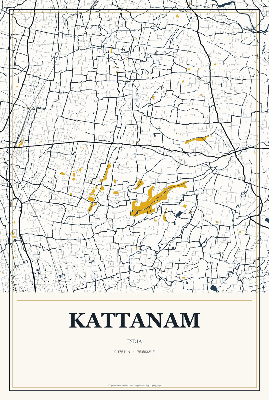 Kattanam, India City Map Aluminum Sign in Citrine Modern style