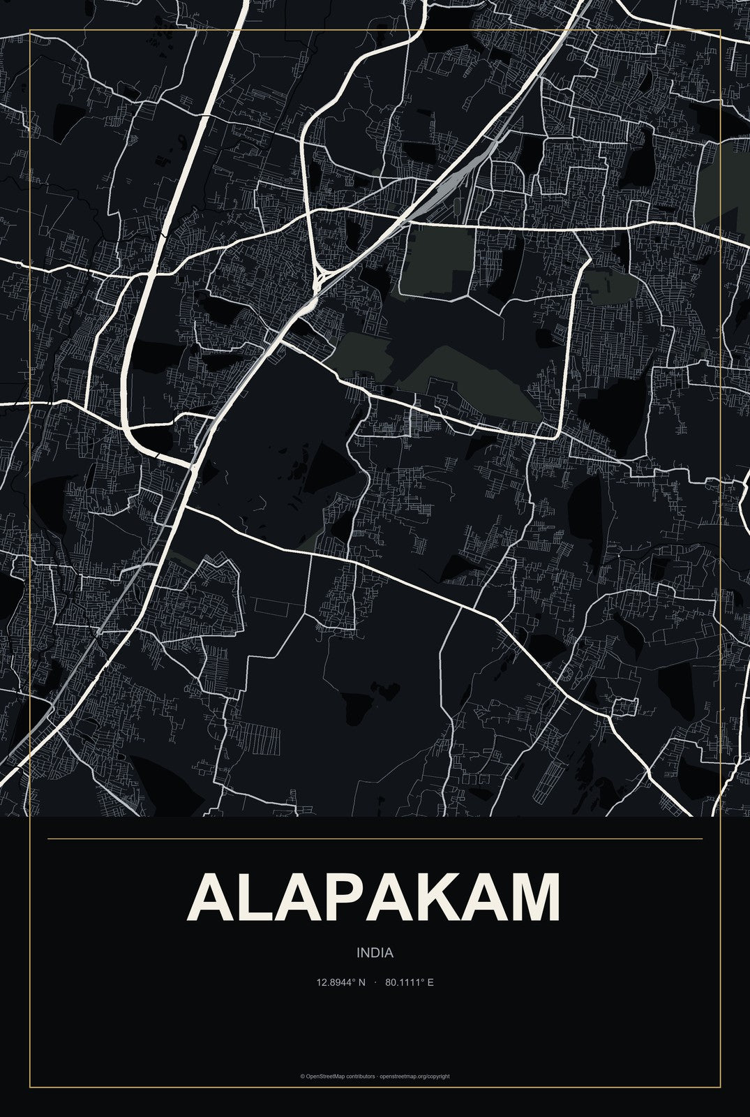 Alapakam, India City Map Aluminum Sign in Metropolitan Noir style