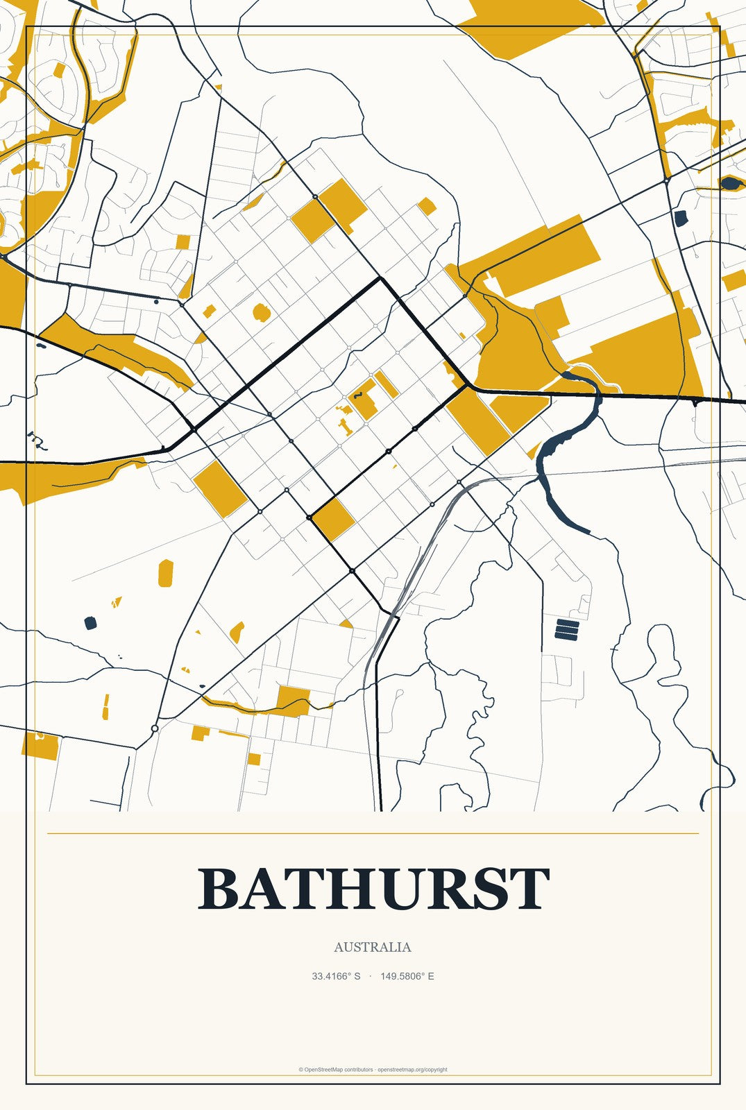 Bathurst, Australia City Map Aluminum Sign in Citrine Modern style