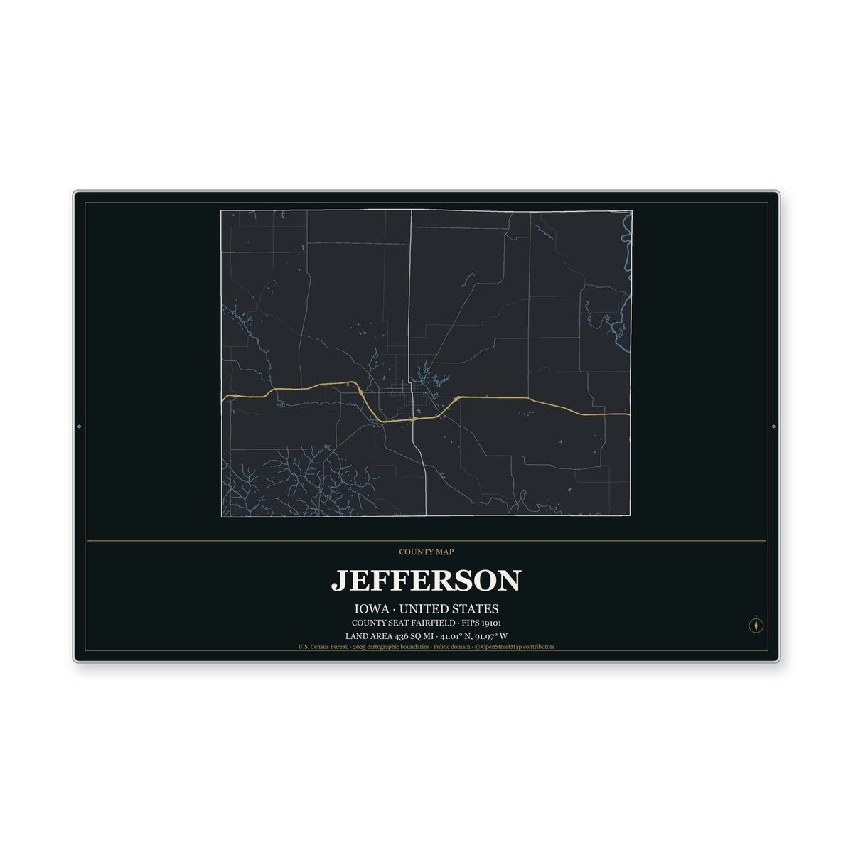 Jefferson County, Iowa Map Aluminum Sign in Metropolitan Noir style