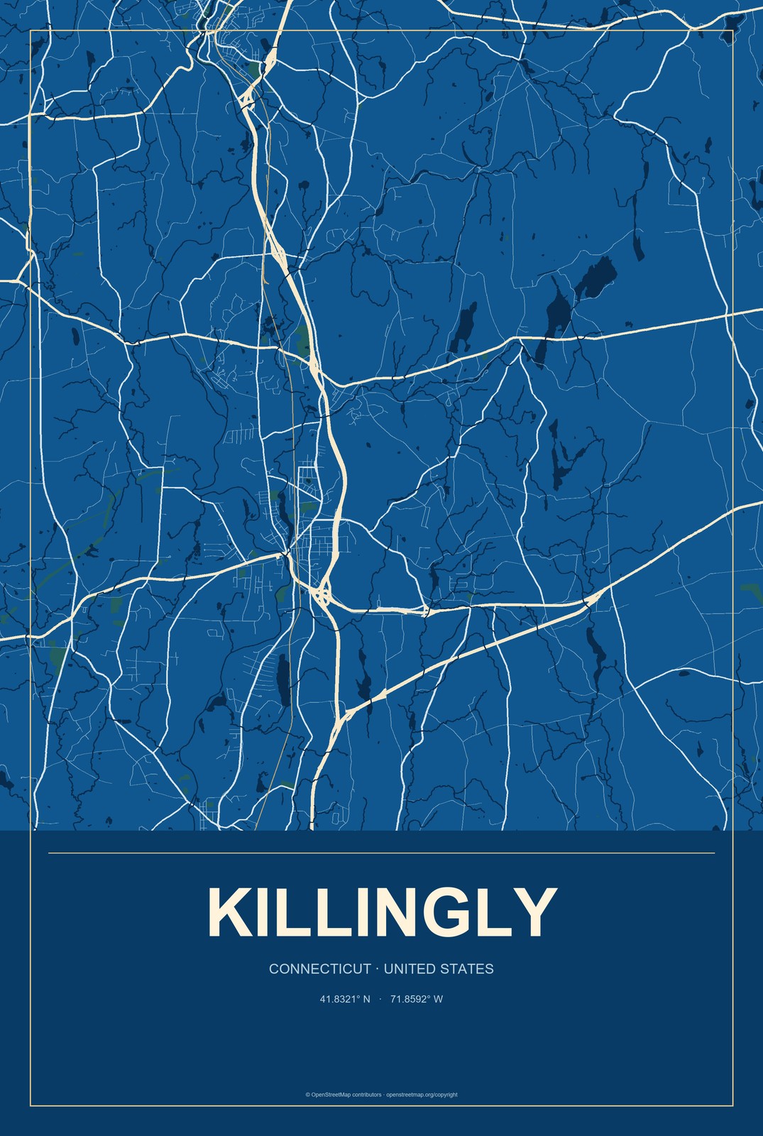 Killingly, Connecticut City Map Aluminum Sign in Harbor Cobalt style