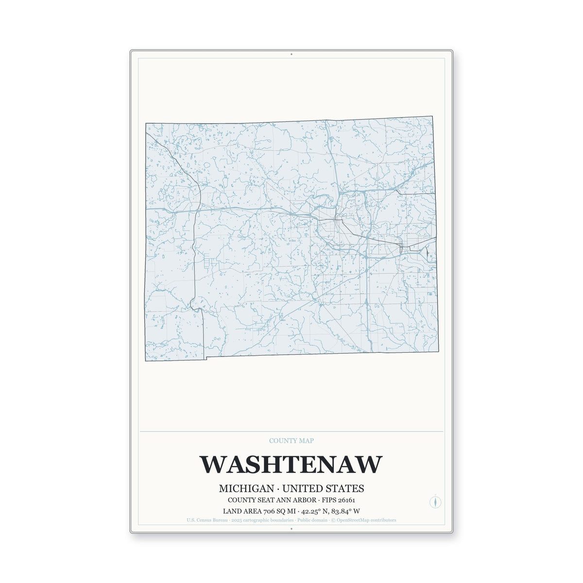 Washtenaw County, Michigan Map Aluminum Sign in Gallery Air style
