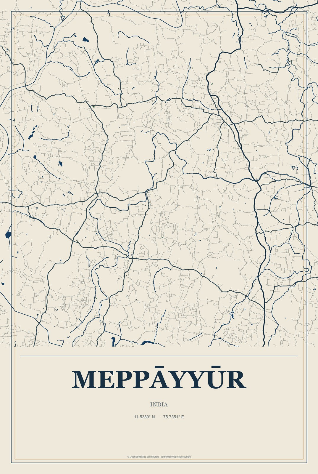 Meppāyyūr, India City Map Aluminum Sign in Coastal Cutout style