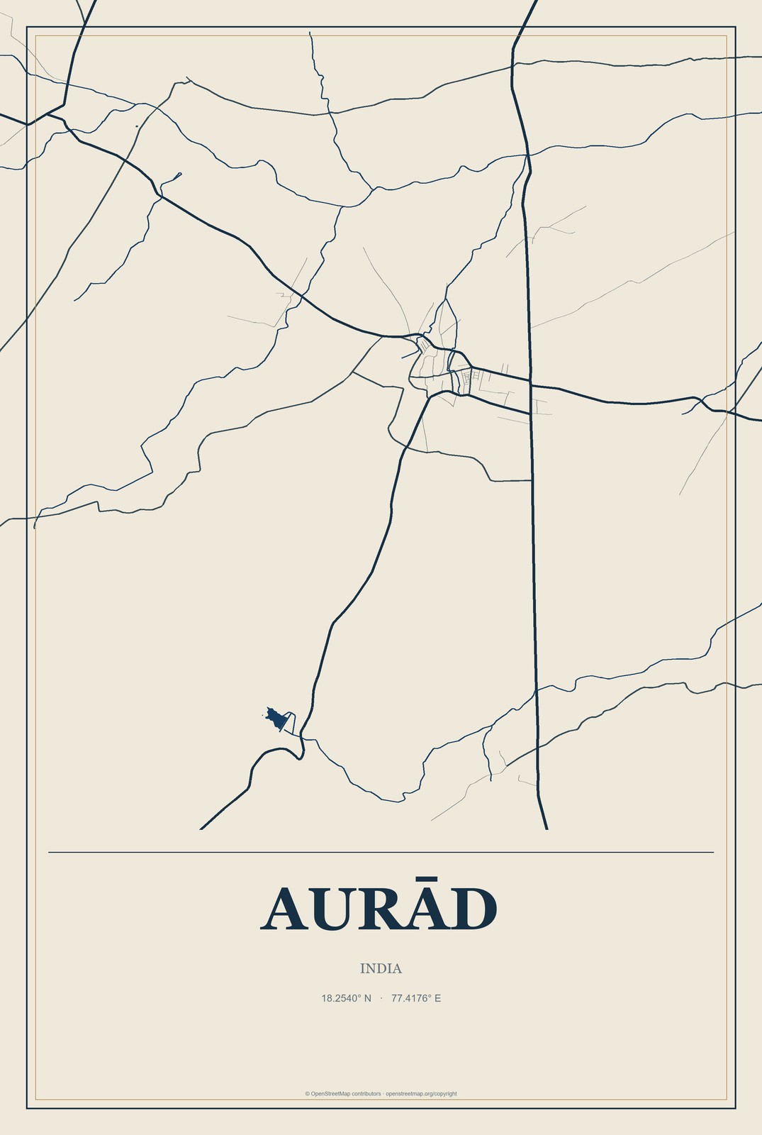 Aurād, India City Map Aluminum Sign in Coastal Cutout style