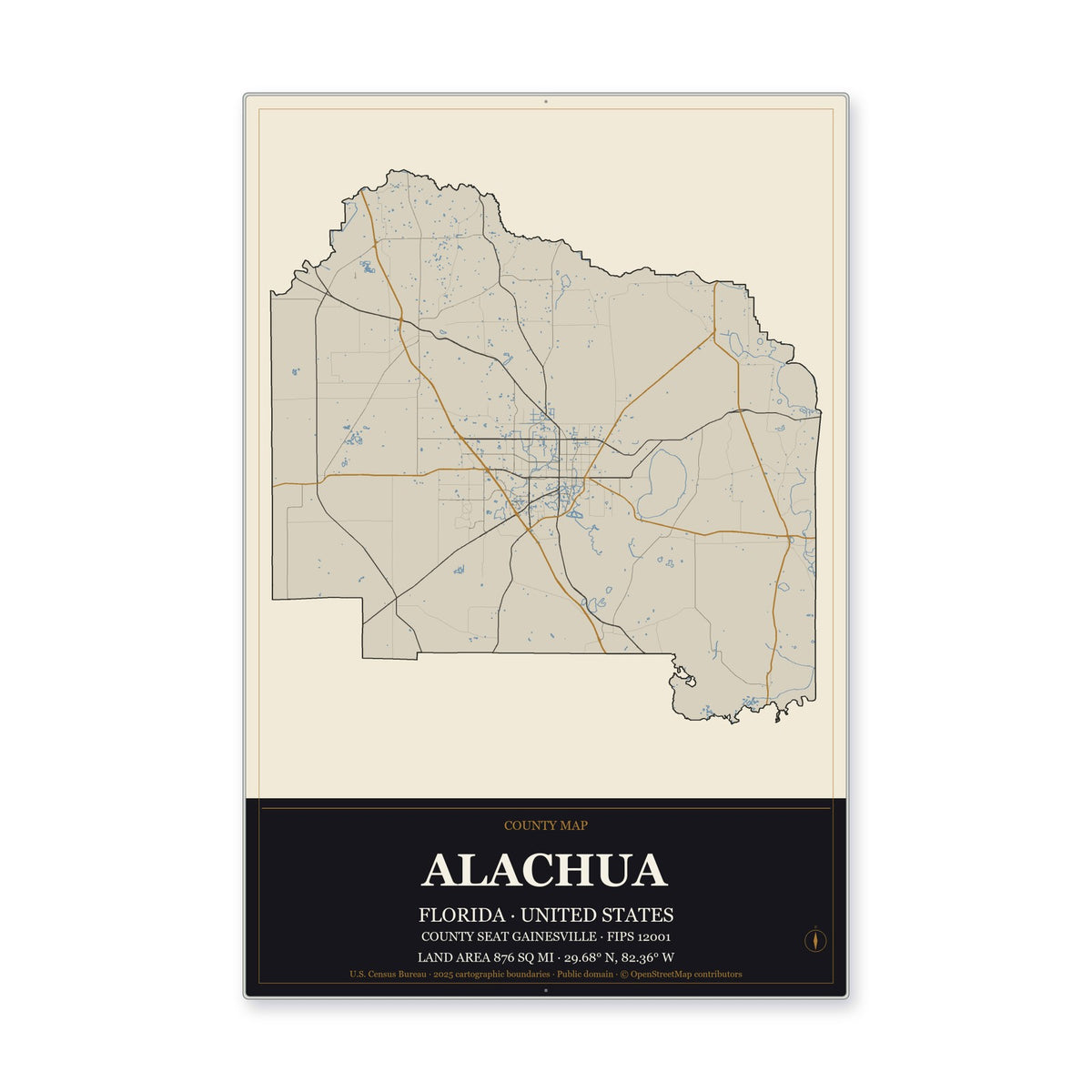 Alachua County, Florida Map Aluminum Sign in Museum Plaque style